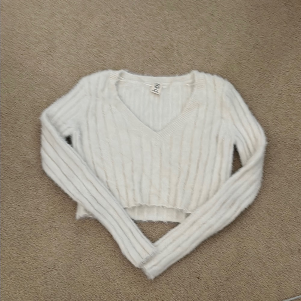White Fuzzy Urban Outfitters V-Neck Sweater
